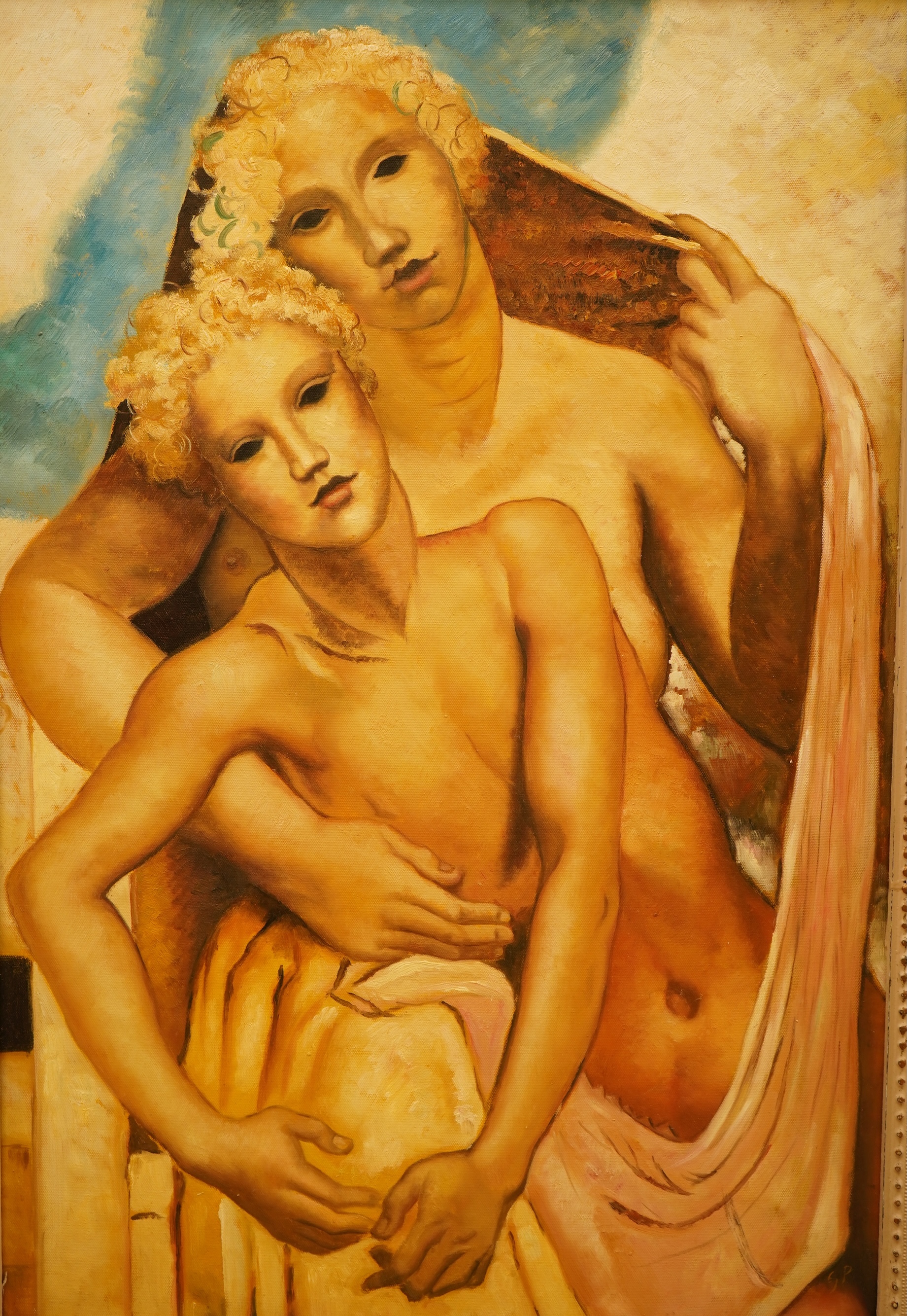Decorative study of two figures, oil on board, 75 x 50cm